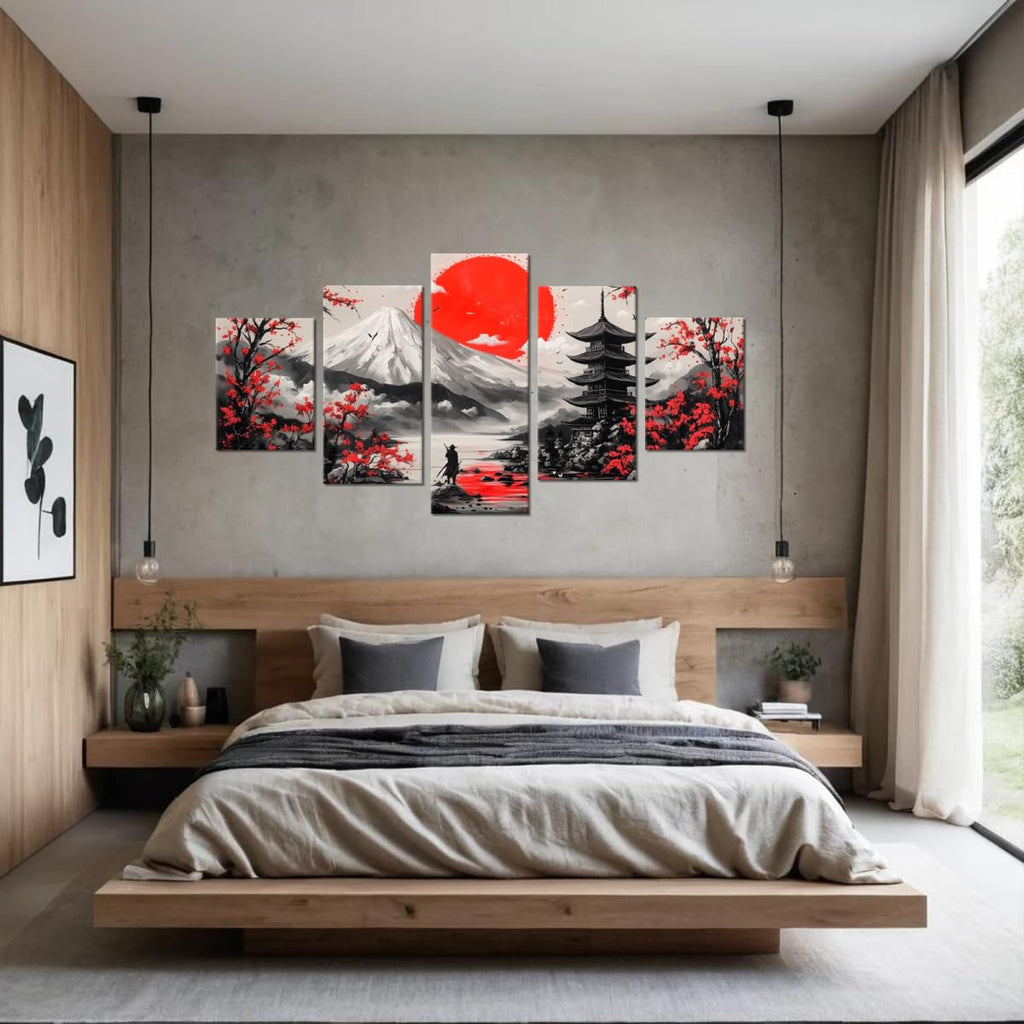 Japanese Samurai Wall Art Red Sun Cherry Blossom Mount Fuji Theme Pictures Wall Decor Prints Paintings Bedroom Office