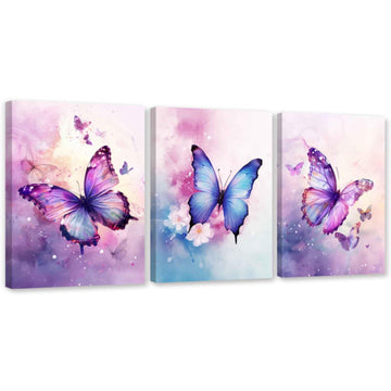 3 Piece Purple Butterfly Canvas Wall Art Butterfly Pictures Wall Decor Watercolor Painting for Girls Room Decor