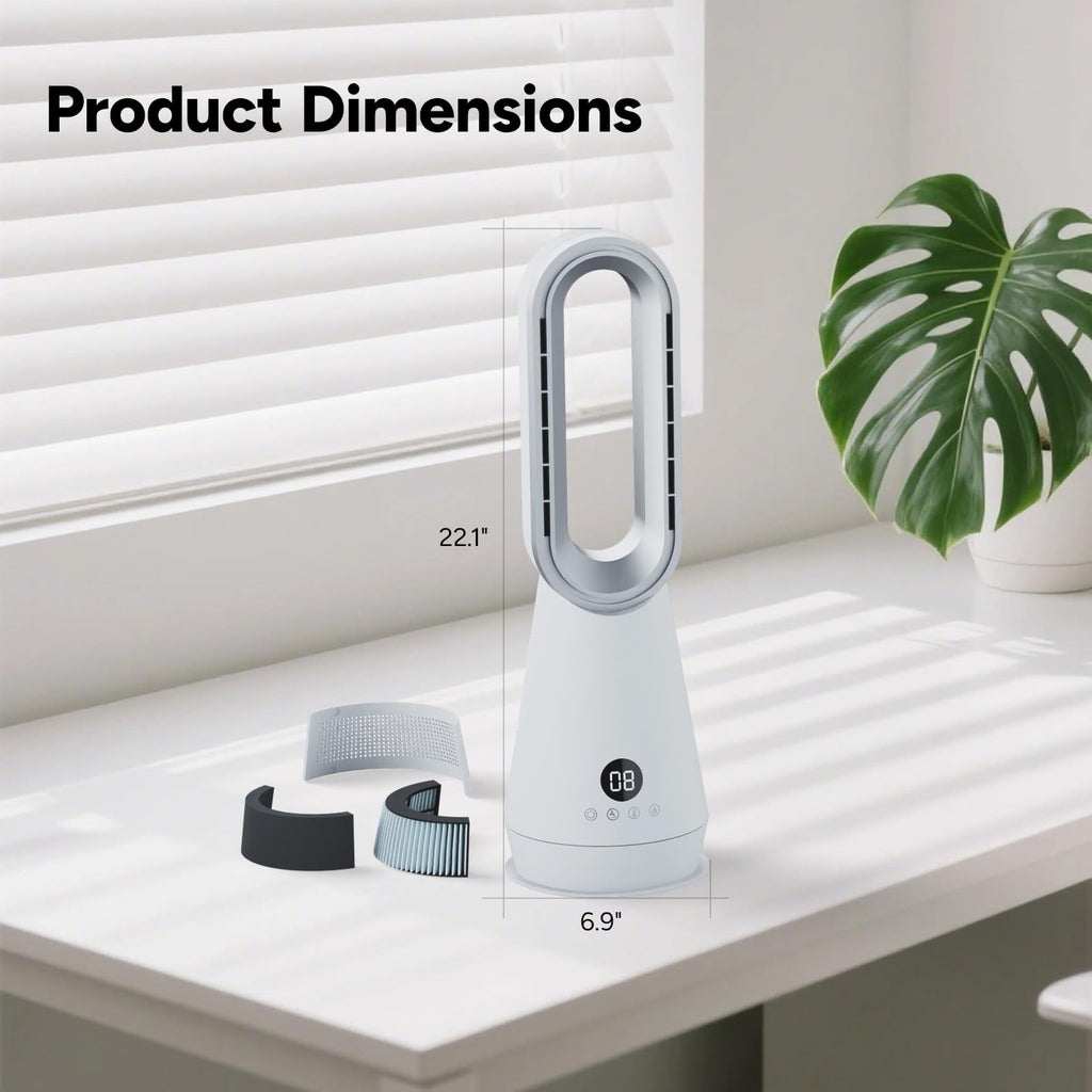 3-in-1 Bladeless Fan Combo, 22" Bladeless Tower Fan with Air Purifier, 90° Oscillating Fast Heating & Cooling, Remote