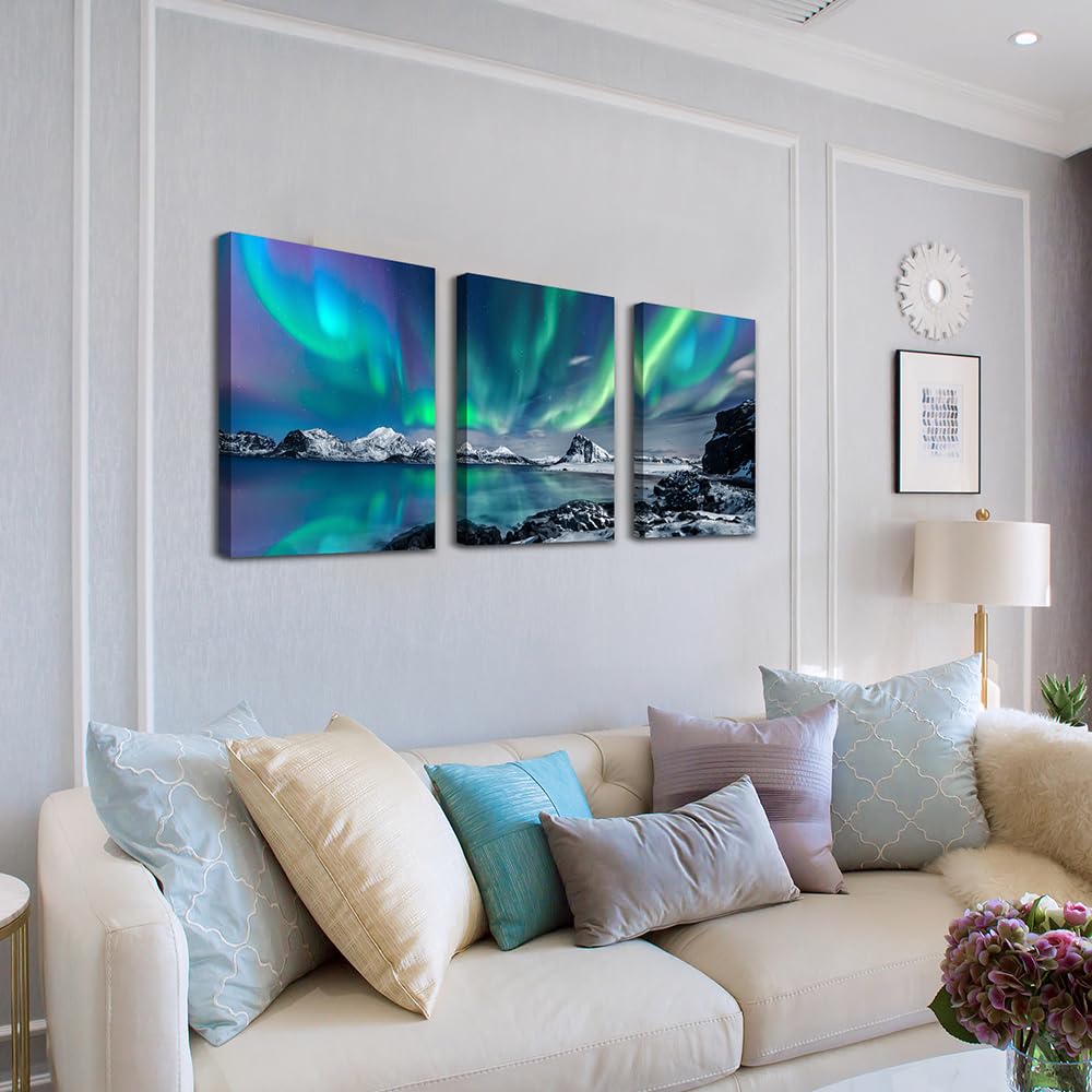 Wall Art Wall Decor Office Decor Abstract Mountain Aurora Landscape Painting 3 Piece Scenic Framed Canvas Art Prints