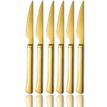 Gold Steak Knives, Ultra-Sharp Stainless Steel Cutlery Set, Dinner Knifes 6-Piece Stainless Steel kitchen Serrated Best