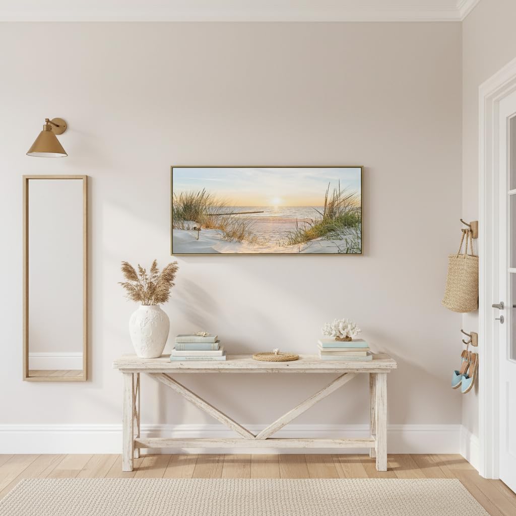 Canvas Framed Wall Art Beach: Ocean Coastal Large Picture Decor Seascape Sunset Scene Painting Sea Seaside Landscape