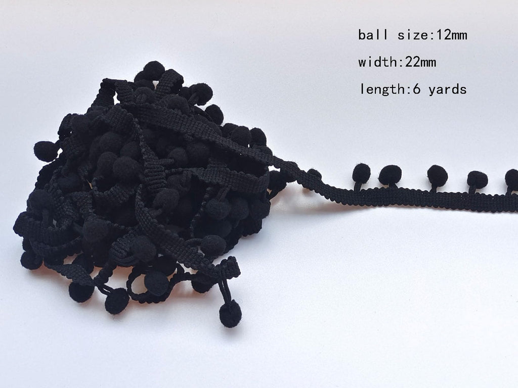 Pom Pom Trim 6 Yards 12mm Ball Fringe Trim for Sewing Accessory Decoration DIY Crafts (Black, 12mm 181211)