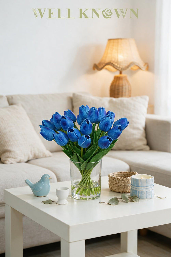20pcs Royal Blue Fake Tulips in Vase with Faux Water