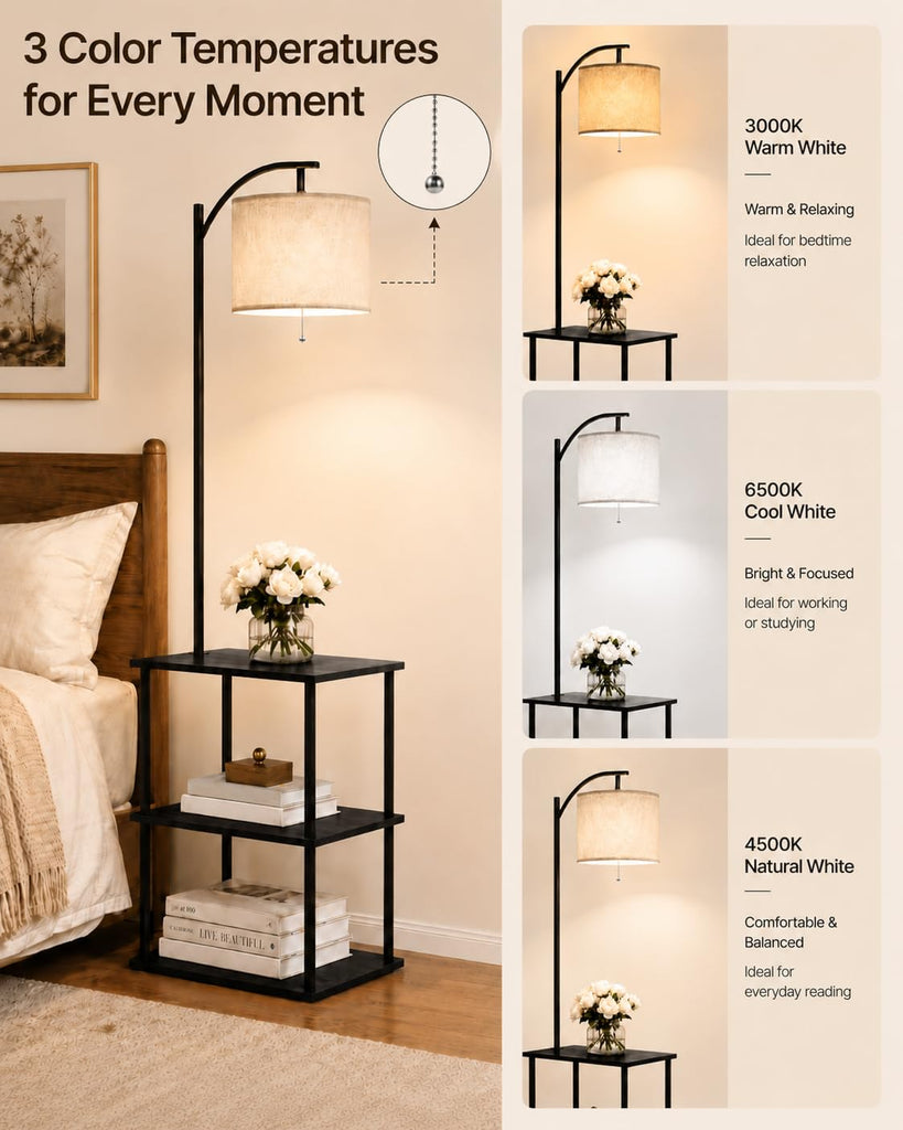 Floor Lamp with Table, Side Table, 3 CCT 9W LED Bulb