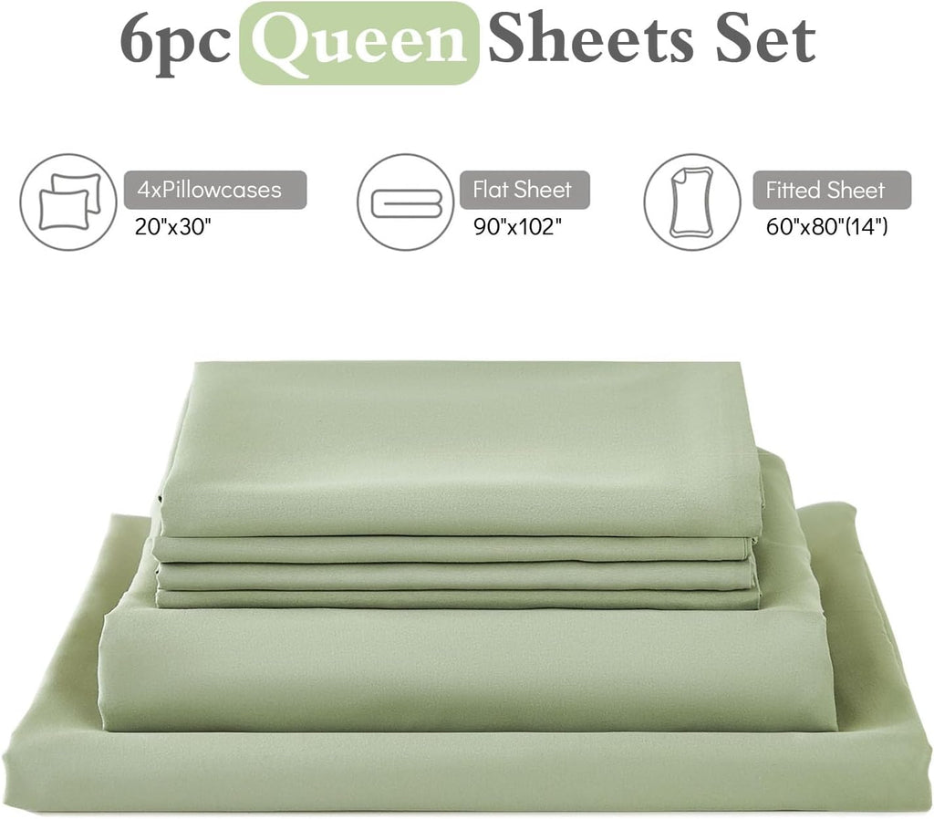 Queen Sheets Set 6 Piece,Hotel Luxury Super Soft 1800 Series Microfiber Queen Bed Sheets Set-Wrinkle Free & Breathable-14 Deep Pocket Sheets for Queen Size Bed(Queen,Sage Green)