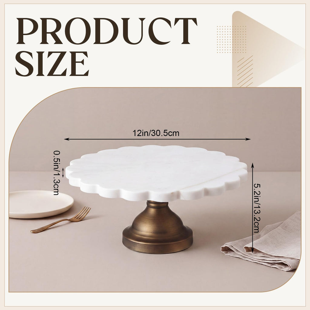 12" Marble Cake Stand, Scalloped Rim Dessert Platter, White
