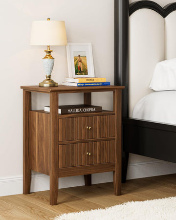 Fluted Nightstand, Farmhouse Night Stand with 2 Drawers, Mid Century Modern Side Accent Table, Bedside End Table