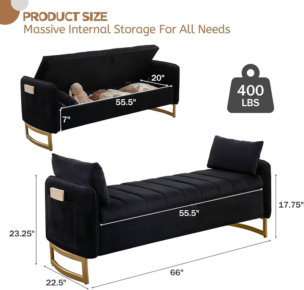 66" End of Bed Storage Bench King Size, Velvet Storage Benches Foot of Bed, Upholstered Storage Ottoman Bench with