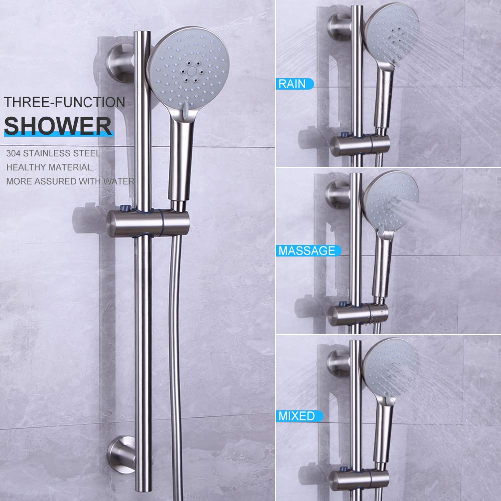 Shower Slide Bar with three Function Massaging Hand Shower Head Adjustable SUS 304 Stainless Steel Brushed D500011BN