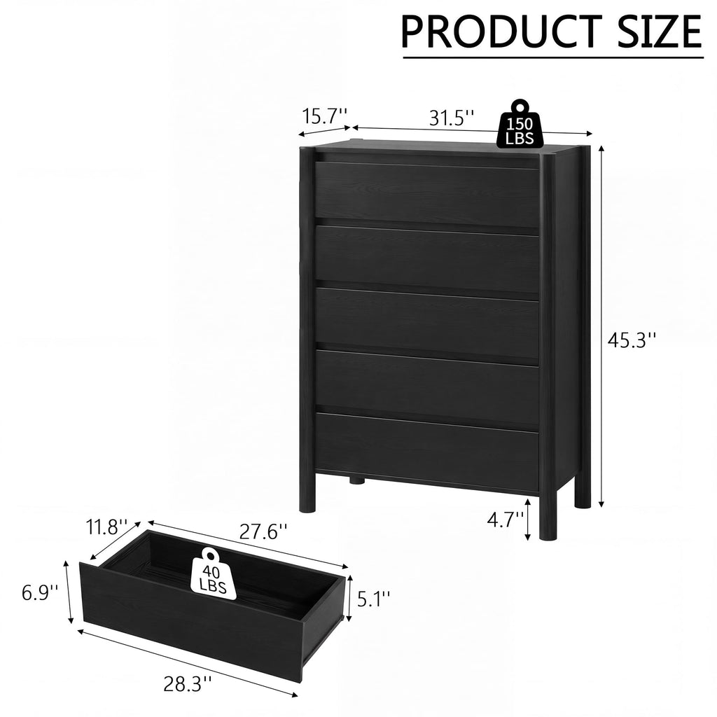 Black Dresser, 45" Tall 5 Drawer Mid Century Modern Chest