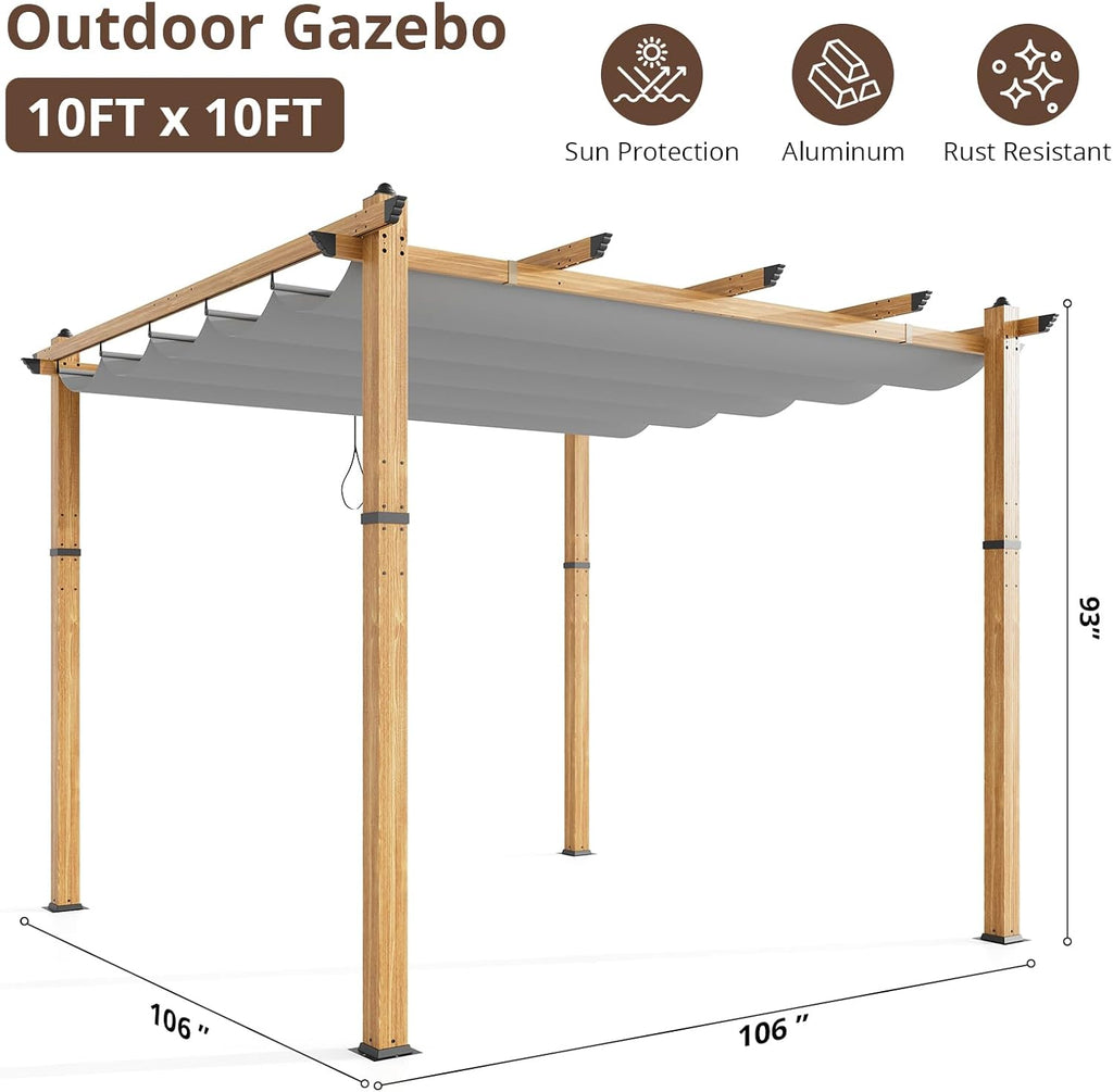 Outdoor Pergola 10x10 ft, Wood-Grain Aluminum Patio Pergola with Retractable Canopy for Backyard, Deck, Porch