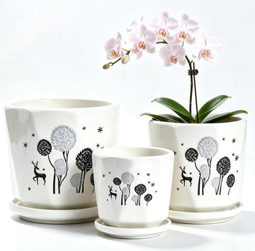 Woodland Deer Floral Ceramic Plant Pots Set of 3, Modern Nordic Planters with Drainage Hole and Saucer, Decorative