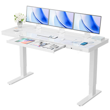 Glass Standing Desk, Height Adjustable Desk, 55 X 24 Inch, White