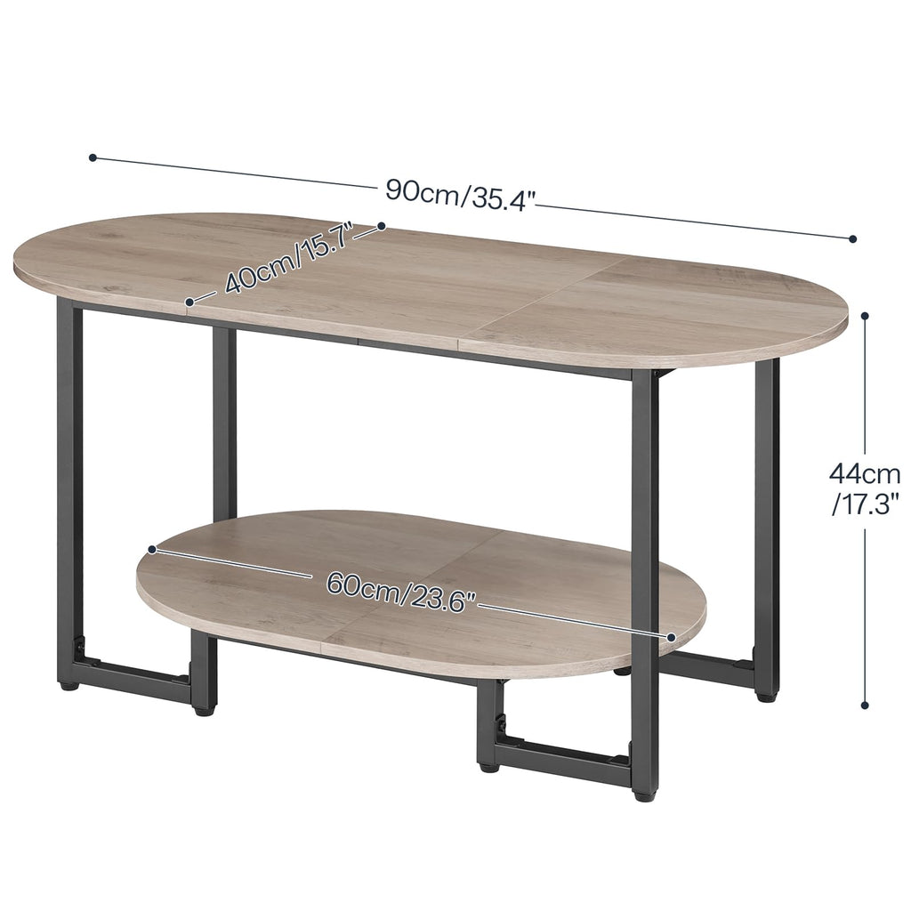 Coffee Table, Oval Small Coffee Table with 2-Tier Open Storage Shelf, Industrial Cocktail Tea Table, Wooden Desktop