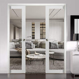 Sliding French Double Pocket Doors 64 x 80 inches Clear Glass | Lucia 2166 White Silk | Kit Trims Ra