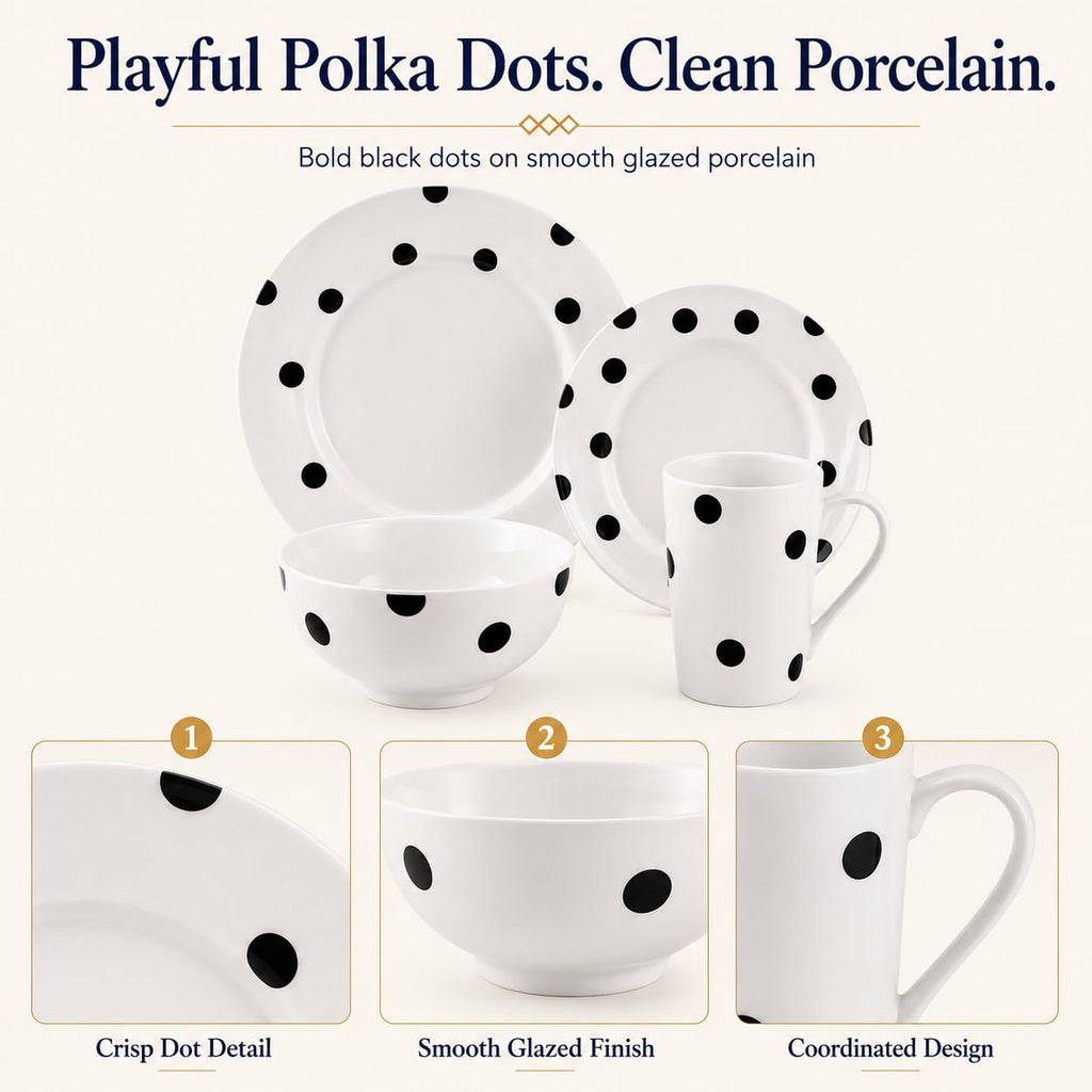 Black and White Polka Dot Dinnerware Set for 4, 16-Piece