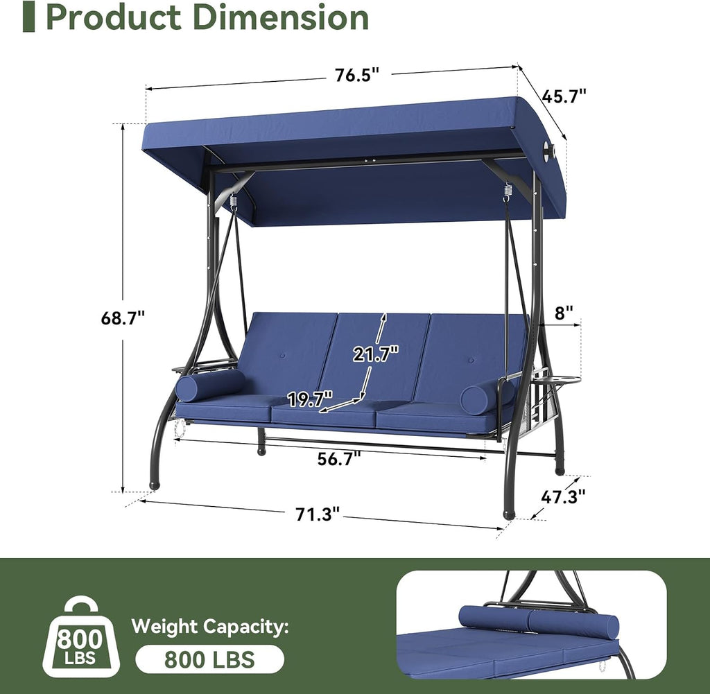 Outdoor Porch Swing with Stand and Canopy, 3 Seats Outdoor Swings for Adults, Convertible 2 in 1 Swing Bed with Cup
