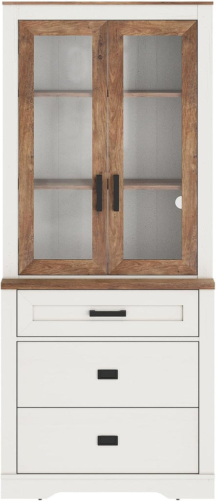 73.3" H Farmhouse-Style Bookcase w/Tempered Glass Doors&File Drawers | Large Capacity,File Drawers,Adjustable