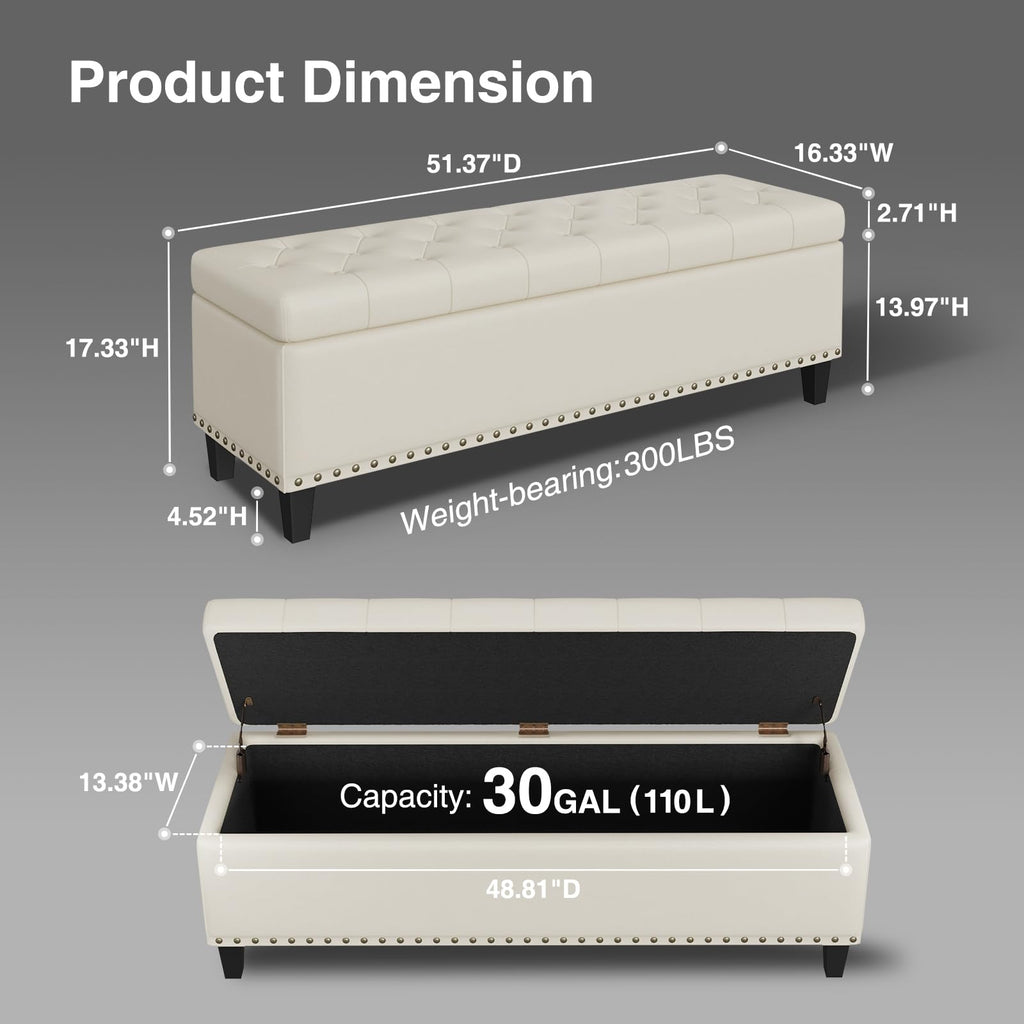 51 Inch Storage Ottoman Bench, Large End of Bed Storage Bench