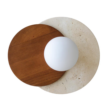 Wabi-Sabi Travertine Wall Sconce, Round Natural Stone & Walnut Wood Accent with White Glass Sphere Lamp Shade, G9