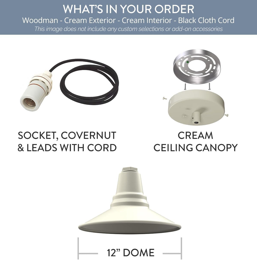 Woodman Farmhouse Pendant | Outdoor Ceiling Mounted | 12 inch Dome | 4' Black Cloth Cord| Kitchen Steel Light Made in