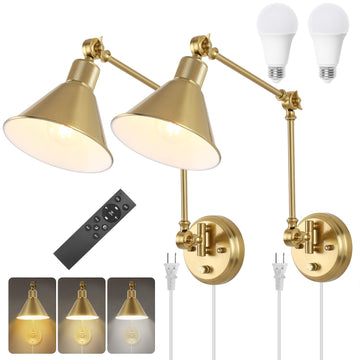 Wall Sconce with Remote Control, Brushed Brass Plug in Wall Sconces Dimmable and Adjustable Color Temperature