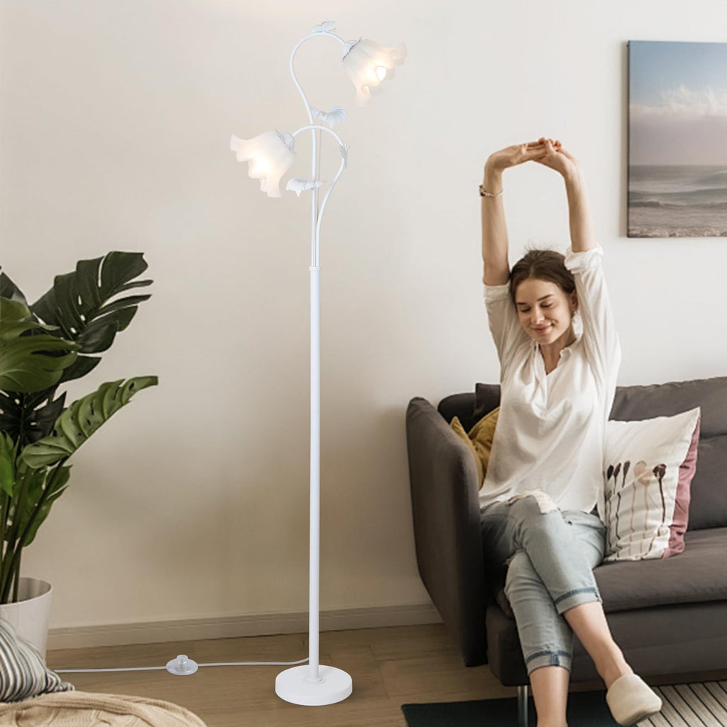White Flower Standing Lamp, Floral Tall Lamp with 2 LED 5W Blubs, Foot Switch, Modern Corner Floor Lamp with Acrylic