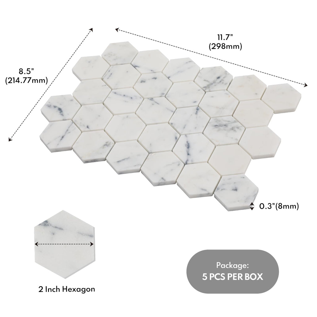 2 Inch Hexagon White Marble Mosaic Tile, Stone Tile Backsplash Bathroom Shower Wall Floor, Contempo Blue (5 Sheet
