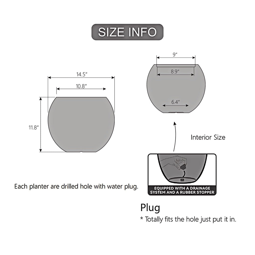 11.8" H x 14.5" Dia Large Round Plastic Planter Pot with Drainage & Plug