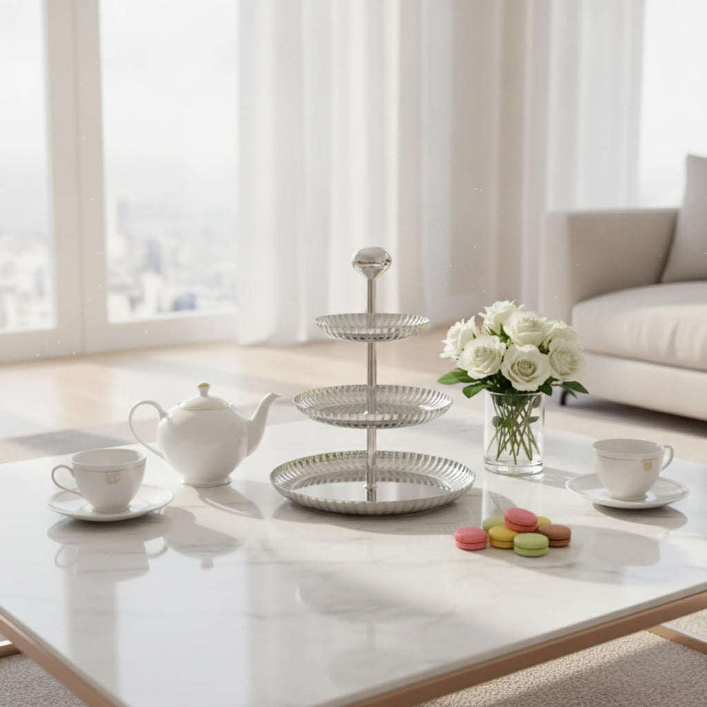 3 Tier Serving Tray Fluted Tiered Serving Stand with Handle Decorative Tiered Tray with Handle Entertaining