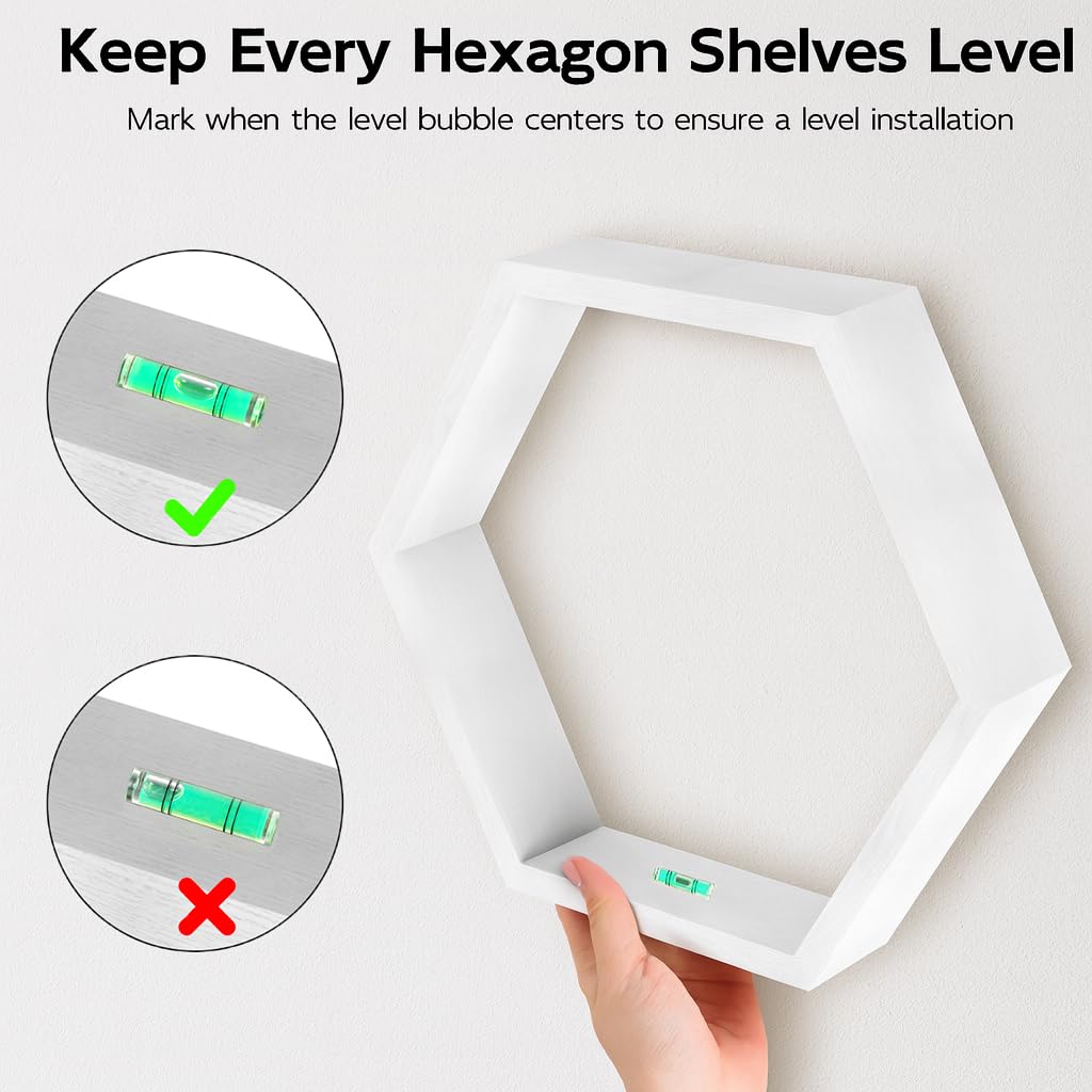 Hexagon Floating Shelves Set of 3, White Wooden Hexagon Shelves for Wall Decor, Modern Honeycomb Floating Hanging