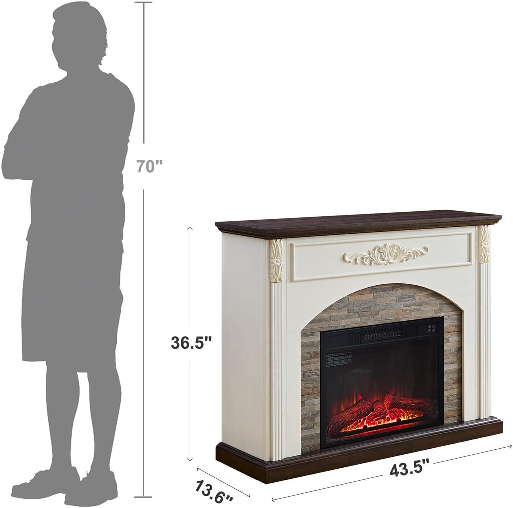 44Inch Electric Fireplace with Mantel, with Stacked Stone Surround, Freestanding Fireplace Heater with LED