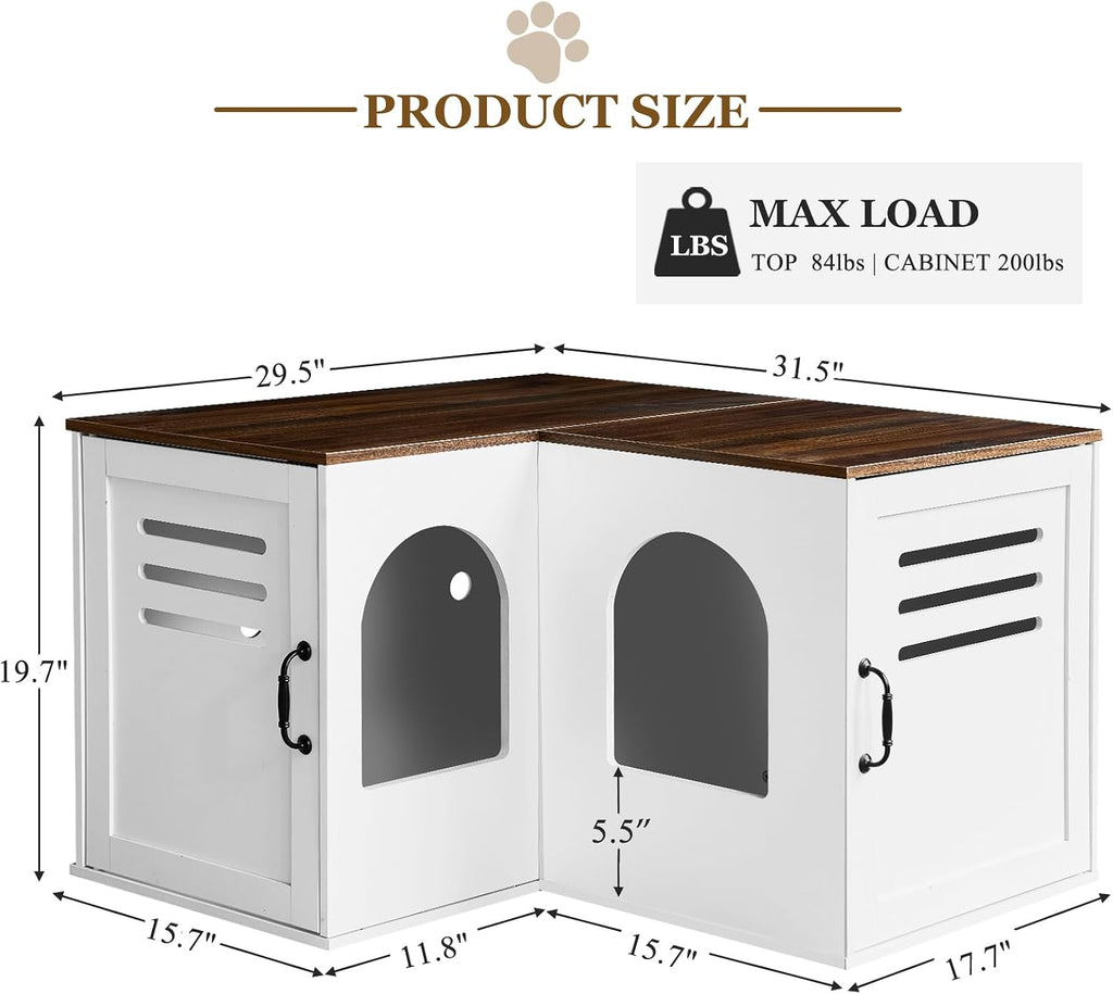 31.5in Corner Cat Litter Box Enclosure with Double Room, White