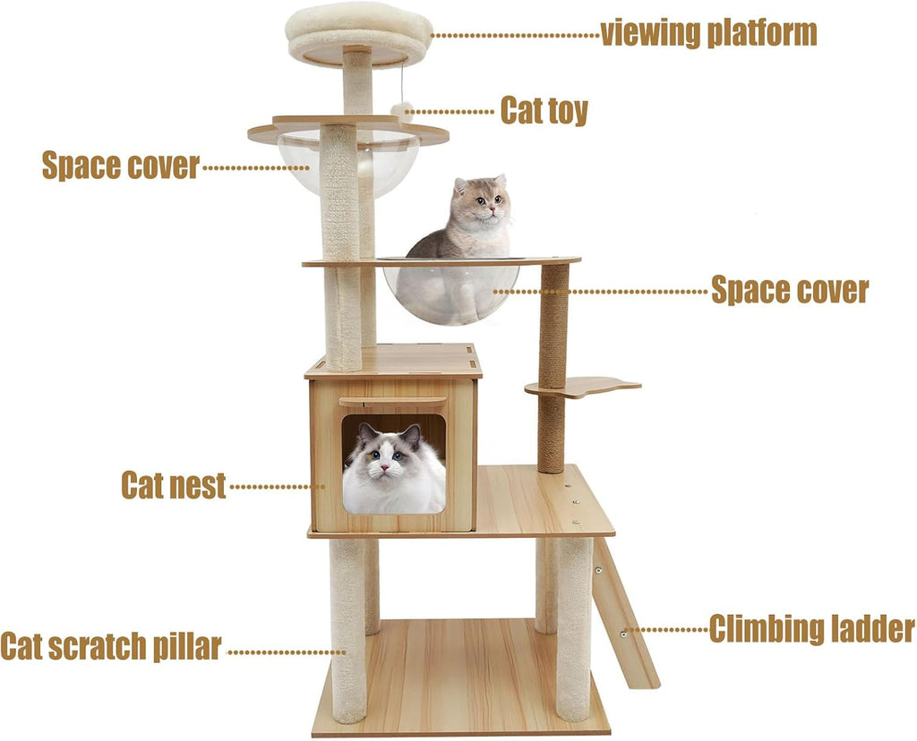 Wood Cat Tree, Modern 5-Tier Wooden Cat Tree, Wooden Tower with Acrylic Space Capsules & Sisal Scratching Post