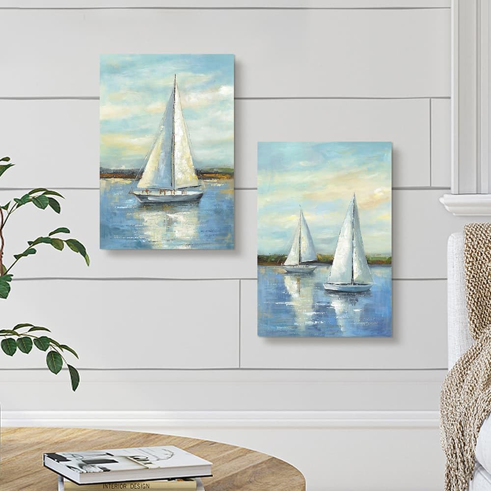 2 PCS Coastal Nautical Sailboat Canvas Wall Art 11x16 Inch