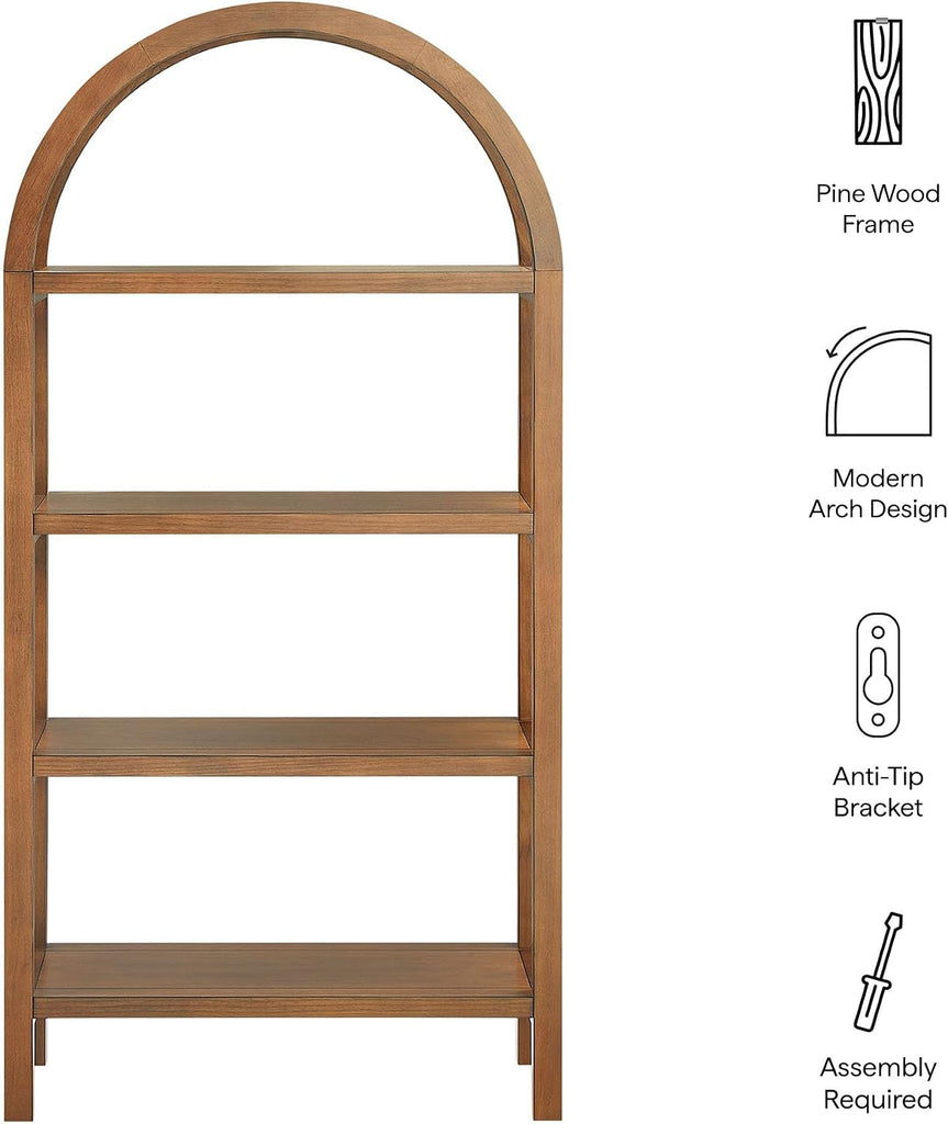 Vexley 60 Inch Arched Bookshelf in Walnut - Modern Pine and Acacia Open Display Bookcase , Reading Nook