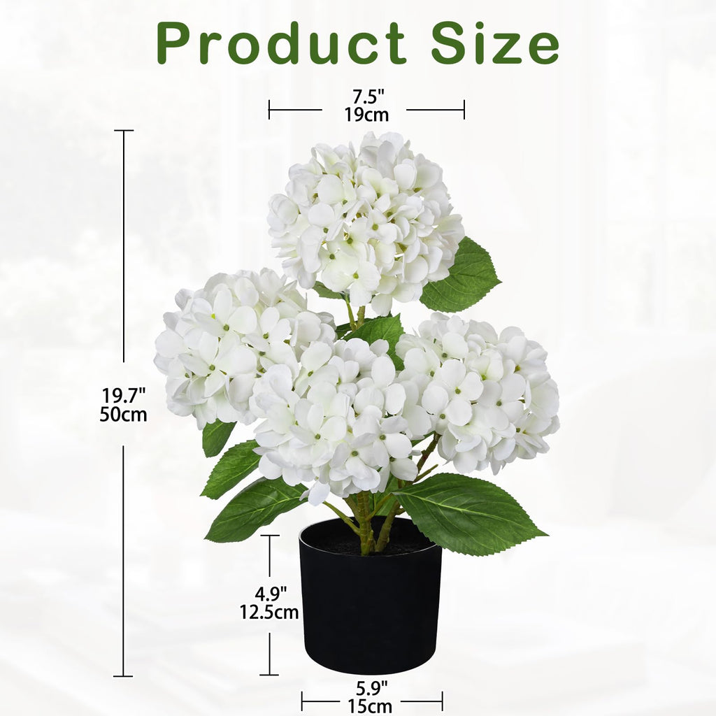 White Hydrangea Artificial Flowers in Pots 19.7" Four-Head Faux Silk Hydranges Flower Arrangements for Indoor Home