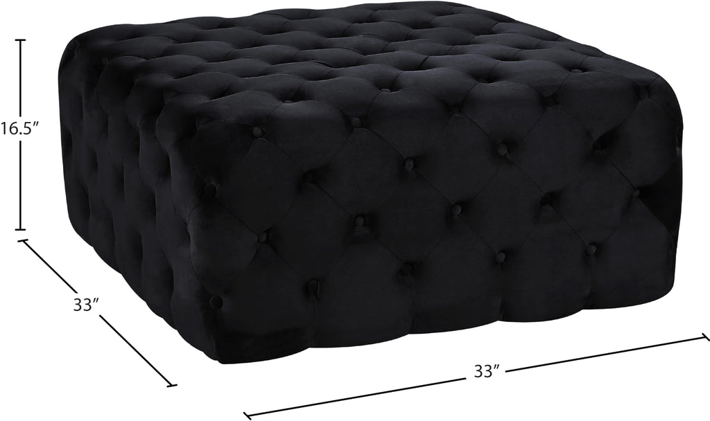 Ariel Collection Modern | Contemporary Black Velvet Upholstered Ottoman/Bench with Deep Button Tufting, Solid Wood