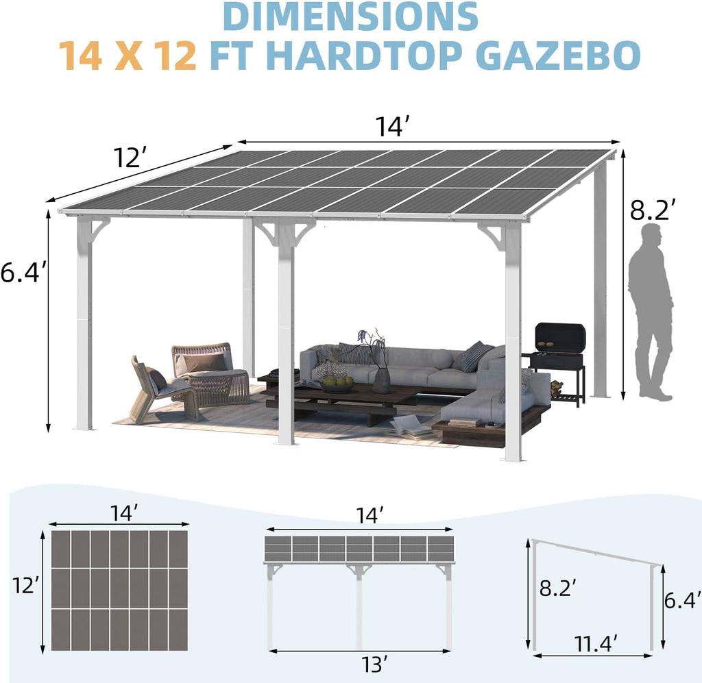 14' x 12' Hard Top Lean-to Gazebo - Aluminum Wall-Mounted Pergola with Waterproof Roof, White