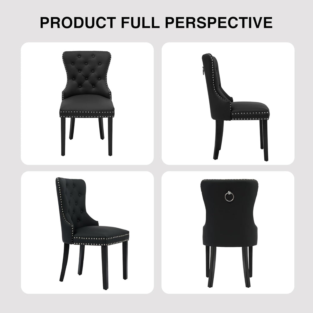 PU Leather Dining Chairs Set of 2, Upholstered Dining Room Chairs with Wooden Legs & Pull Ring, Modern Kitchen Chairs