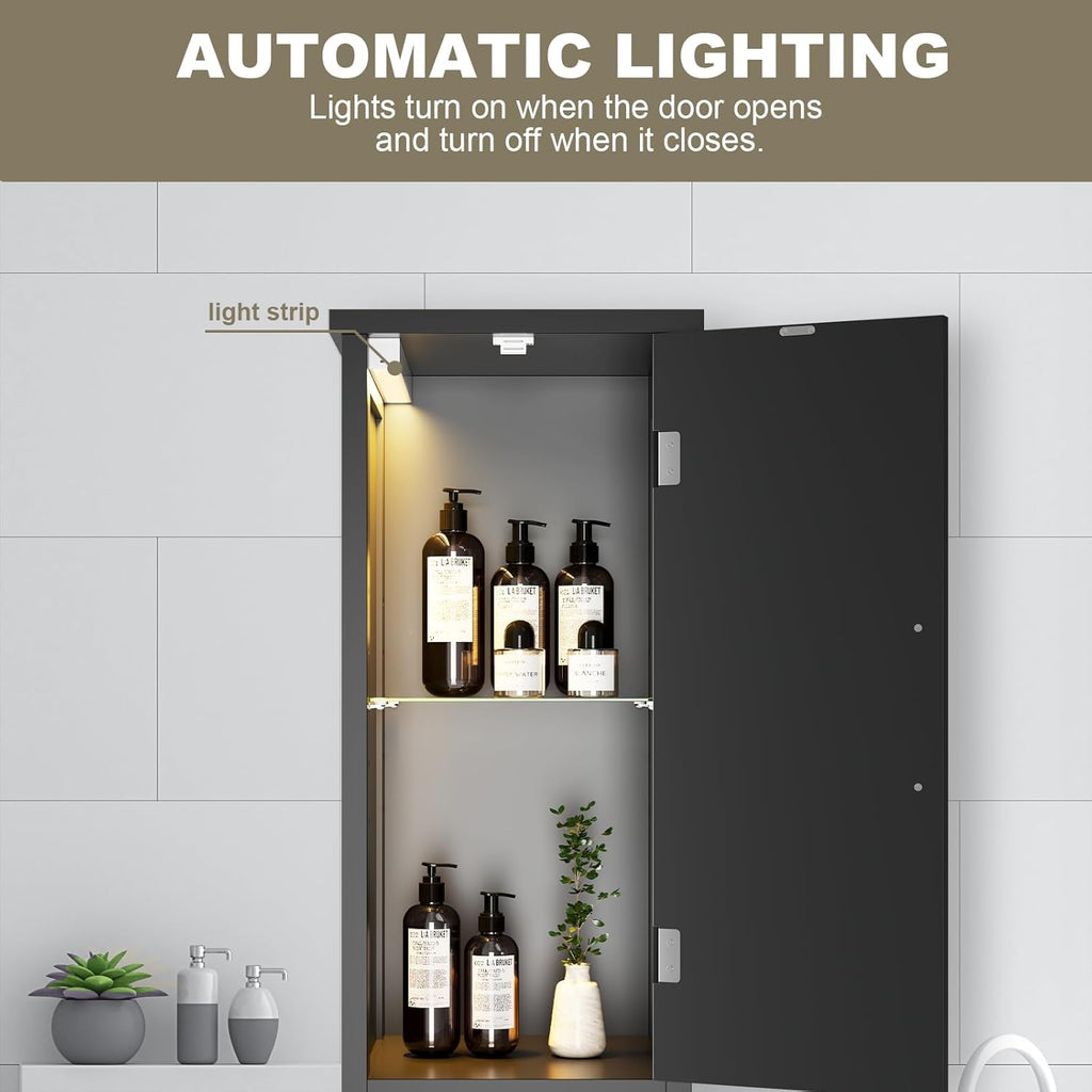 67" Tall Bathroom Storage Cabinet with Lights, Slim Narrow Bathroom Cabinet Organizer with Doors and Adjustable