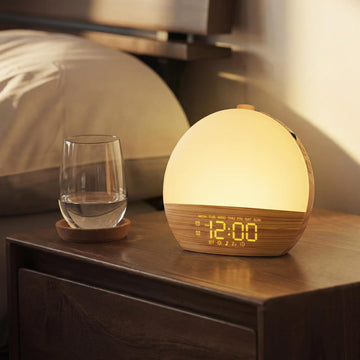 Wood Grain White Noise Sound Machine Sunrise Alarm Clock with 30 Soothing Sounds, 17 Night Lights, Bluetooth Speaker