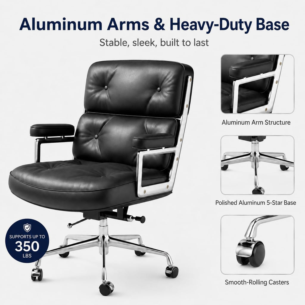 Home with Top Grain Leather, Padded Armrests, Mid-Back Upholstered Executive Leather Desk Chair, Aluminum Frame