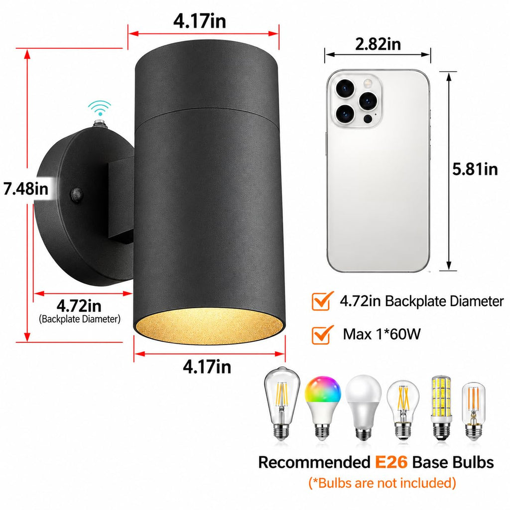 Dusk to Dawn Outdoor Wall Sconce Lights, Cylinder, Black, 1 PK
