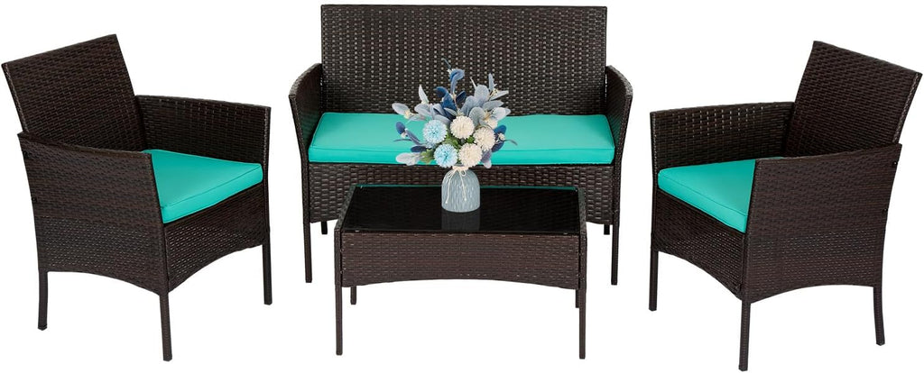 4 Pieces Patio Furniture Set Wicker Patio Conversation Set with Rattan Chair Loveseats Coffee Table for Outdoor Indoor Garden Backyard Porch Poolside Balcony,Brown Wicker/Blue Cushions A106-B0BMQ293GR