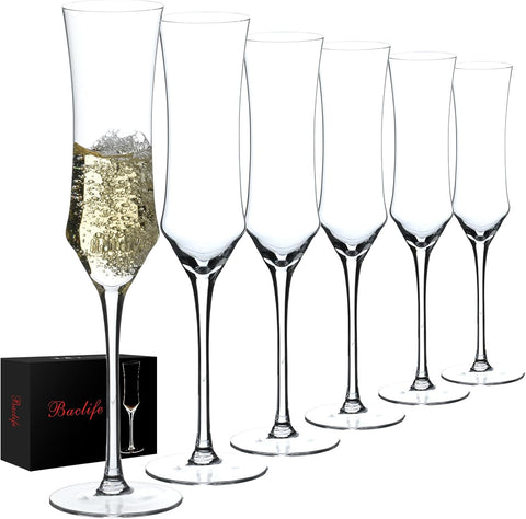 Champagne Flutes Set of 6 - Hand Blown Crystal Champagne Glasses With Long Stem - 7 oz Elegant Sparkling Wine
