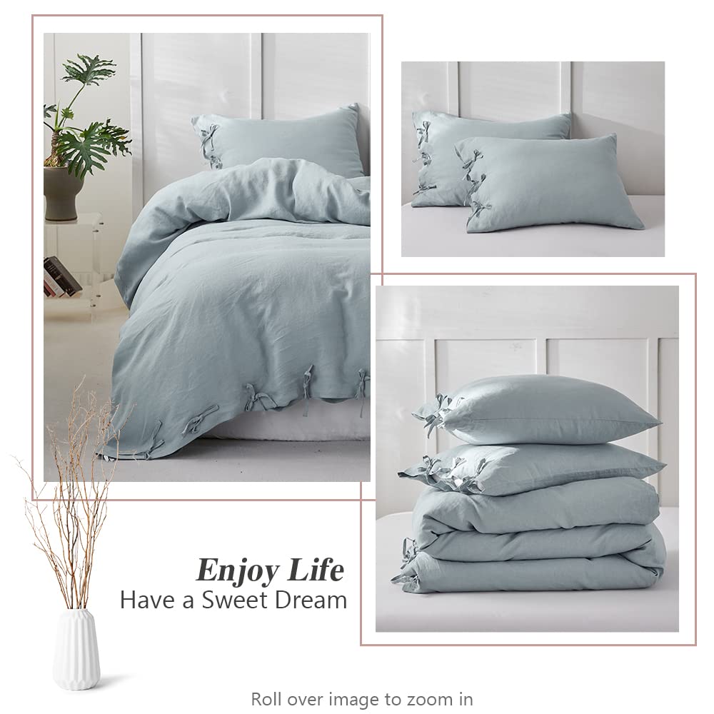 100% Linen Duvet Cover Set 3pcs with Bowknot Ties Closure Natural French Washed Flax Solid Color Soft Breathable