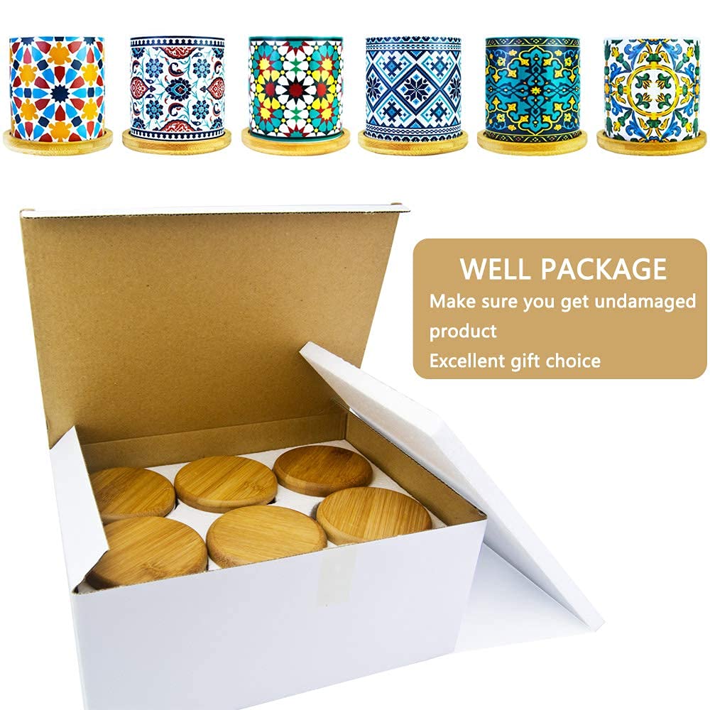 6 Pack Mandala Succulent Plant Pot with Bamboo Trays, Ceramic Multicolored Succulent Container Planter Pot for Small