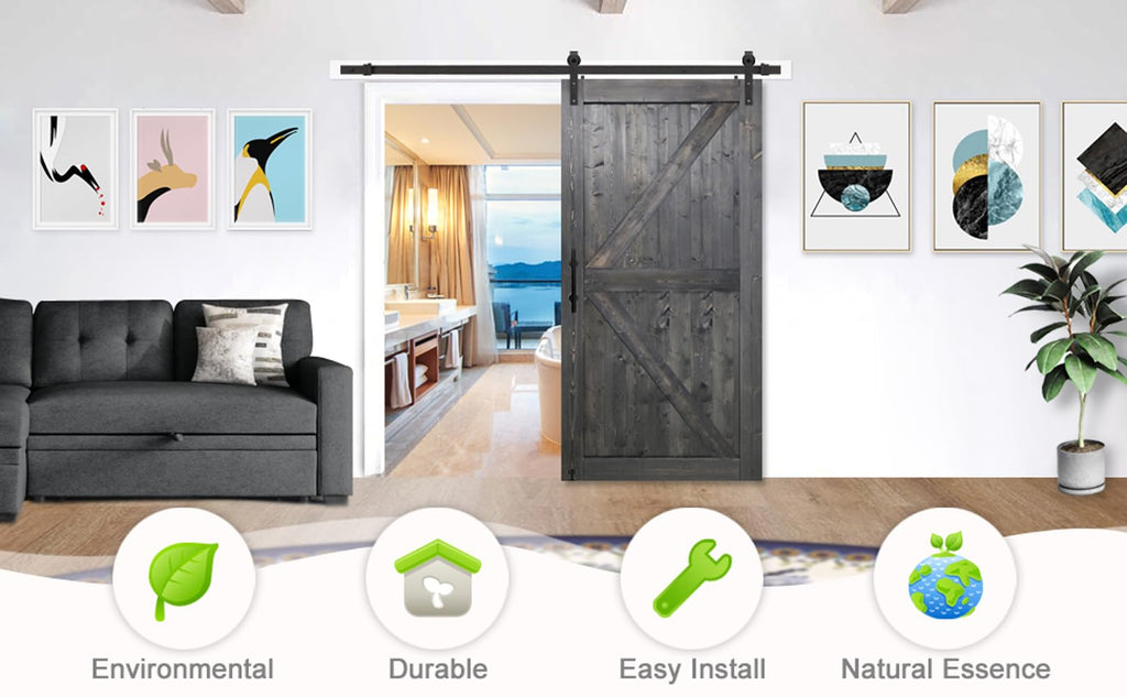 28in x 84in Deep Gray Knotty Pine Barn Door with 5FT Sliding Hardware Kit/Solid Wood/Simple Assembly is Required